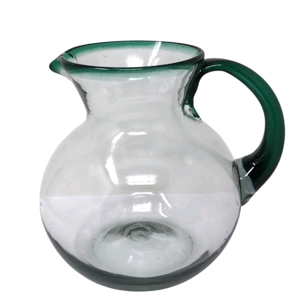 Mexican Hand Blown Glass Margarita Pitcher Vase Clear/Emerald Green Rim & Handle